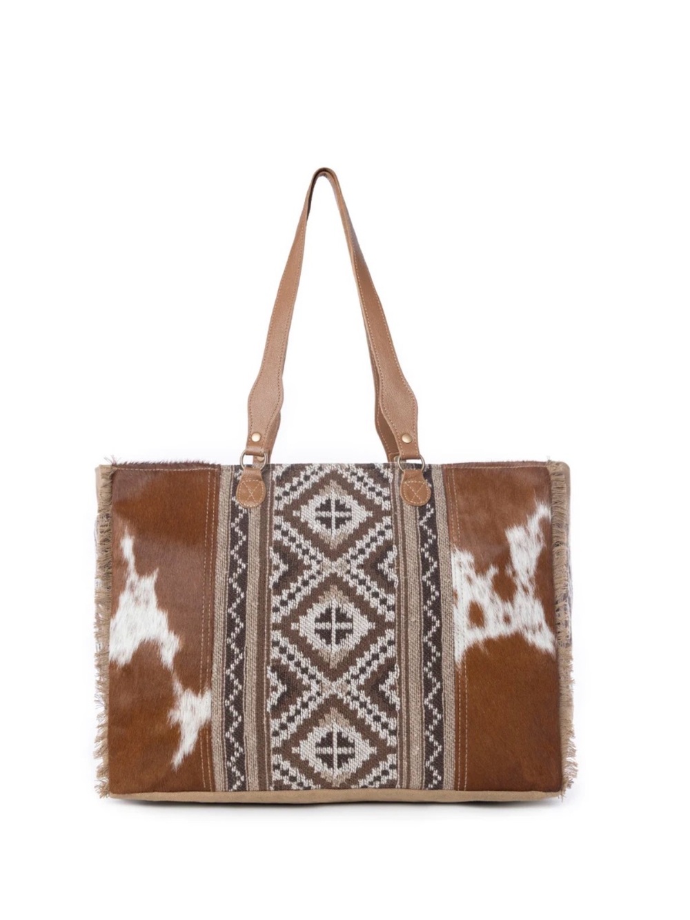 Western Weekender Bag Cowhide Pattern Tote Bag in Brown and White - Unbranded